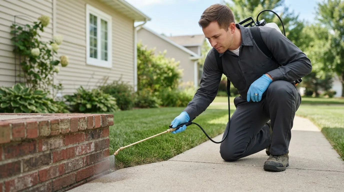Pest control technician treating a home near Le Roy, MN